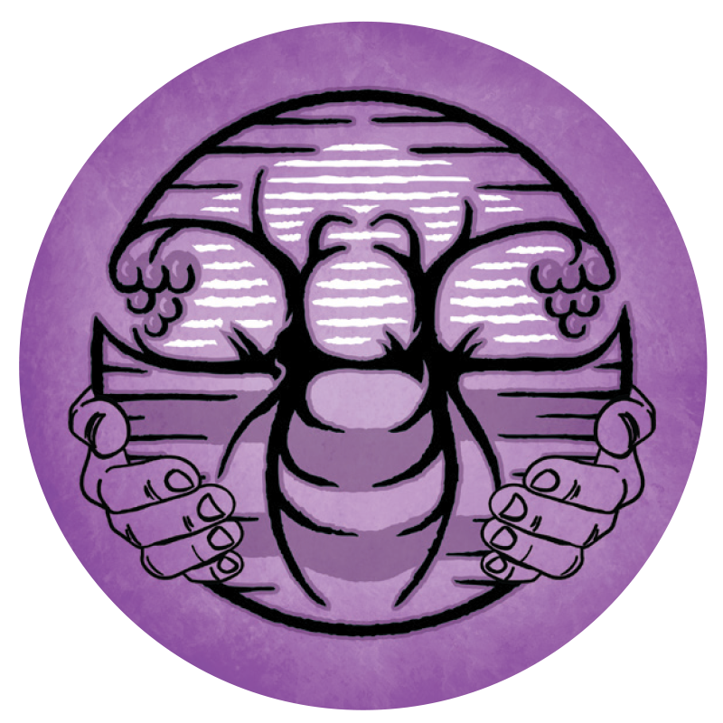 The purple bee logo that is on the label for the Cultivating Community Chardonnay.
