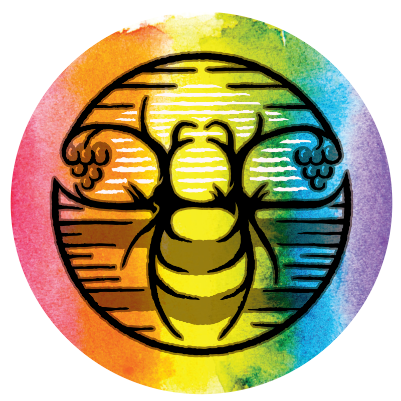 The rainbow bee logo that is applied to the Pink Pride Rose wine bottle