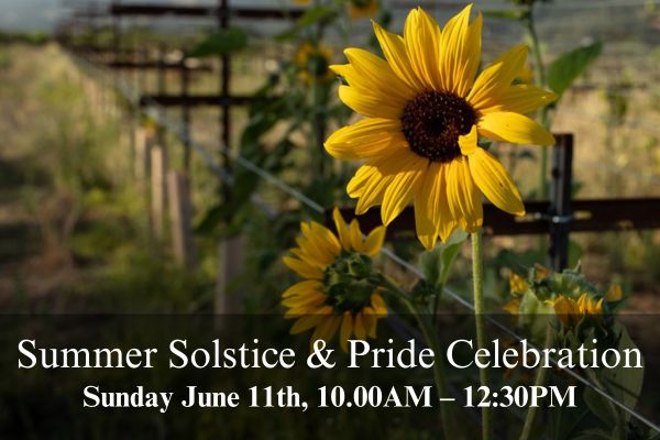 Eco Terreno Summer solstice party invitation. Has image of a sunflower on the invitation.