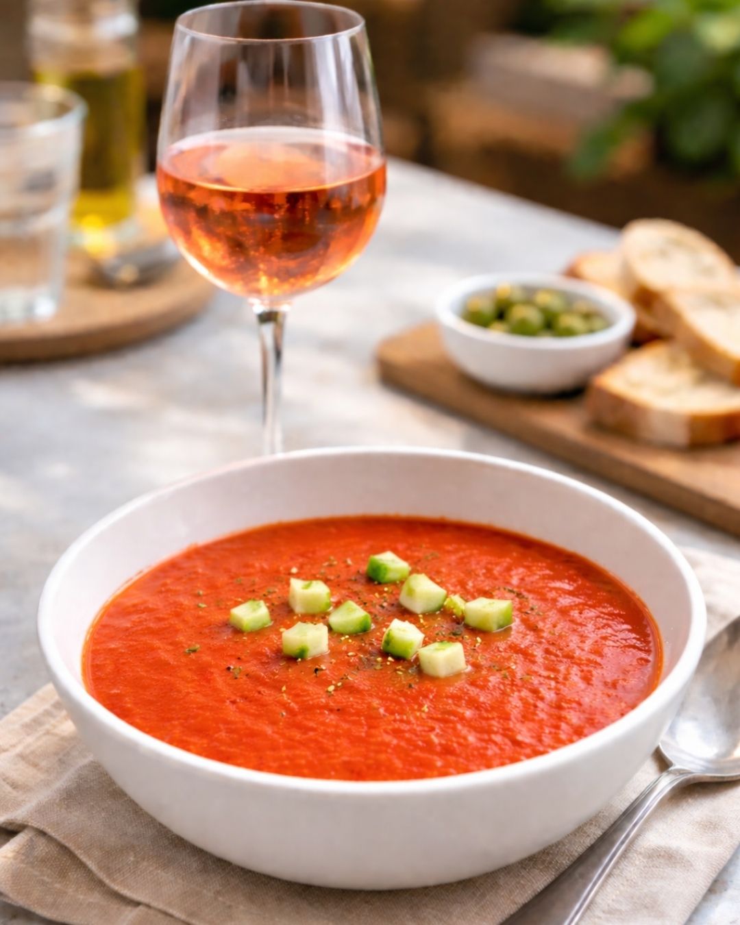 gazpacho soup with a glass of eco terreno rose wine